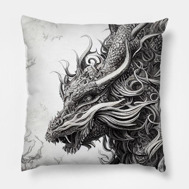 Dragon Legend Wild Nature Illustration Line Epic Illustration Line Art Pillow by Cubebox