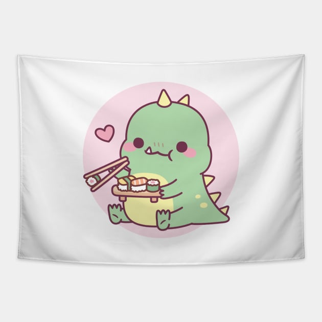 Cute Little Dinosaur Loves Japanese Sushi Tapestry by rustydoodle