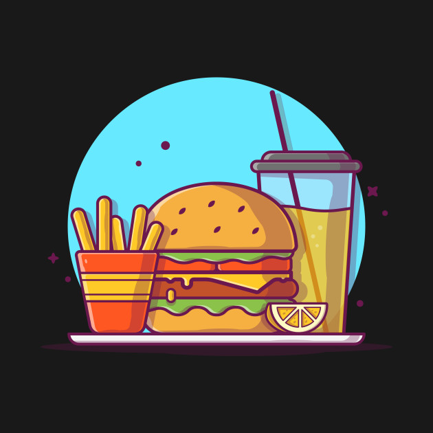 Disover Burger with Orange Juice, Lemon, Mustard, and French Fries Cartoon Vector Icon Illustration - Burger - T-Shirt