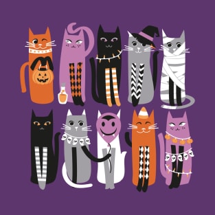 High Gothic Halloween Cats // print // purple background orange grey purple white and black kittens T-Shirt