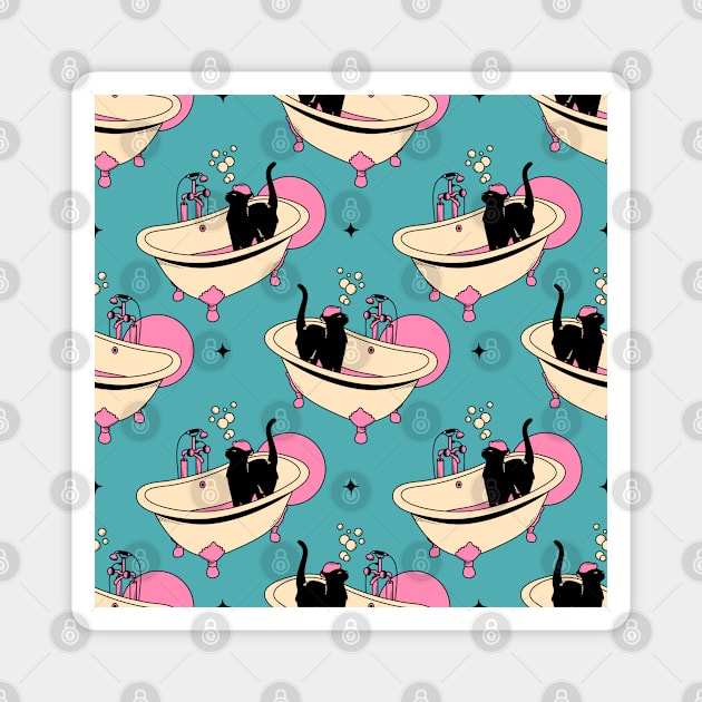 Spa Day Black Cat Pattern in blue Magnet by The Charcoal Cat Co.