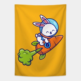 Cute Rabbit Astronaut Flying With Carrot Rocket Tapestry