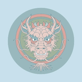 chinese dragon face on dusty blue T-Shirt