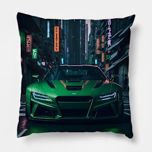 Dark Green Sports Car in Japanese Neon City Pillow