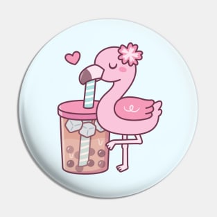 Cute Flamingo Loves Bubble Tea Pin