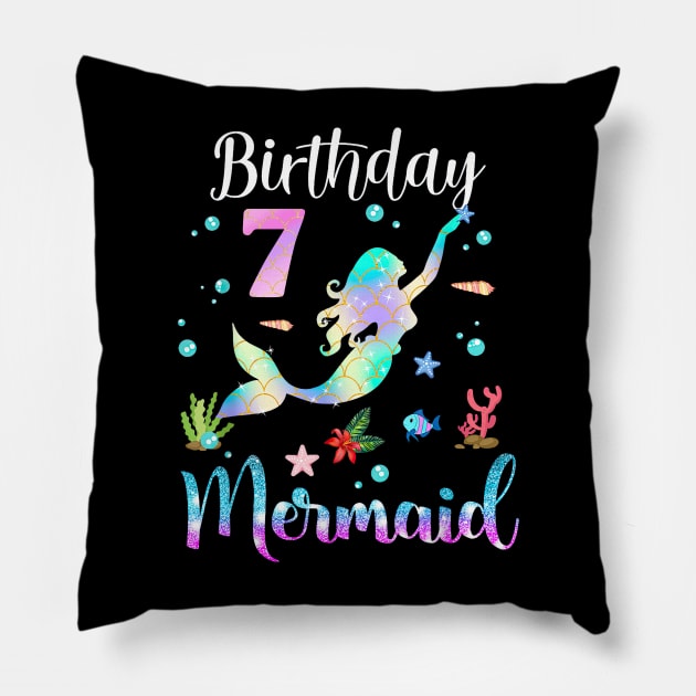 7 Years Old Birthday Mermaid Happy 7th Birthday Pillow by Vintage White Rose Bouquets