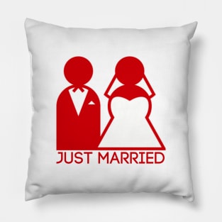 Just Married Newlyweds in Red Pillow