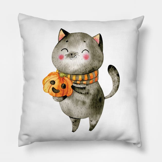 Spooky Halloween Cat - Cute Cat with Pumpkin Scarf Pillow by edwardechoblue