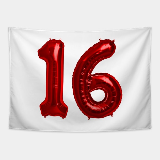 Bright Red 16th Birthday Metallic Helium Balloons Numbers Tapestry by podartist