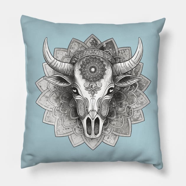 Cow skull mandala Pillow by Ange art