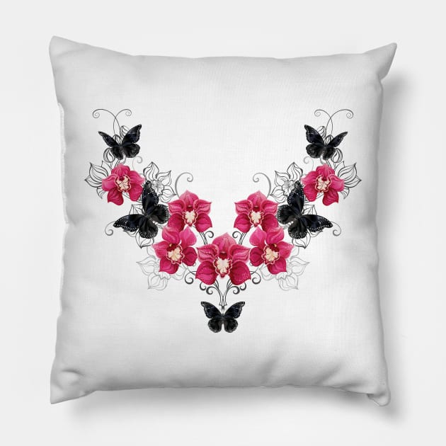 Orchids and Black Butterflies (without shadows) Pillow by Blackmoon9