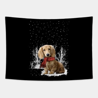 Christmas Cream Dachshund With Scarf In Winter Forest Tapestry