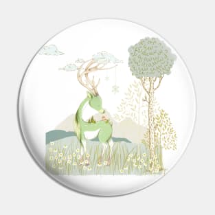 Whimsical forest deer and tiny village Pin