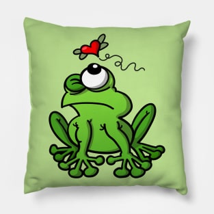 Mischievous green frog chasing the mosquito of love Pillow