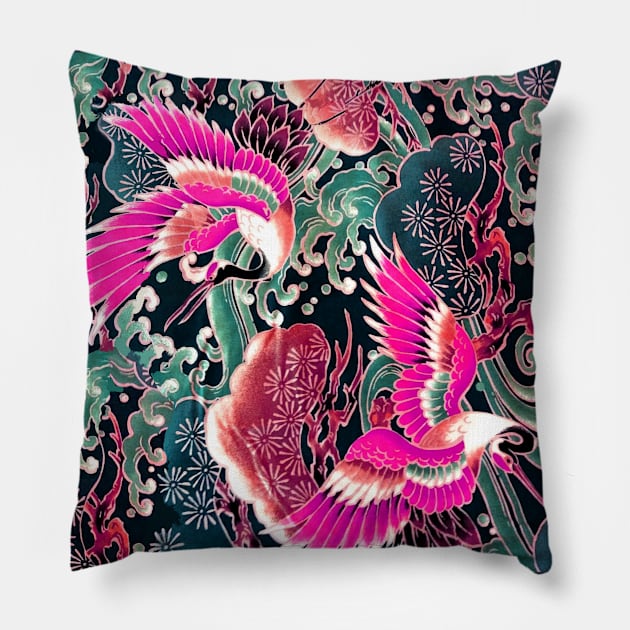 PINK FUCHSIA FLYING CRANES ,FLOWERS, SEA WAVES BLUE GREEN FLORAL Pillow by BulganLumini