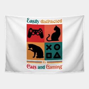 Easily Distracted By Cats and Gaming - Retro Cat Gaming Tapestry