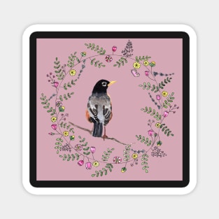 American Robin with Flower Wreath and violet background Magnet