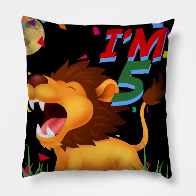 Kids 5th Birthday ROAR I'm 5 Year Old Shirt Boys Lion Safari Gift Pillow by GillTee