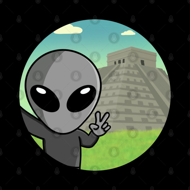 Gray Space Alien Selfie Chichen Itza by SpaceAlienTees