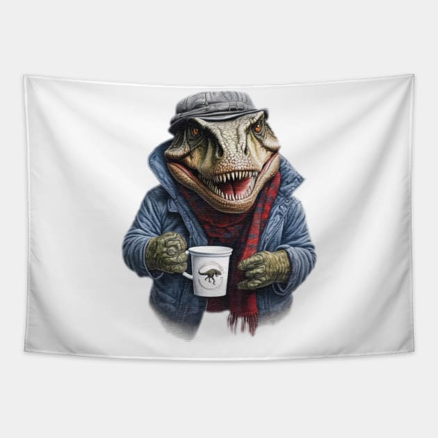 T-Rex wearing a jackets holding a cup of coffee Tapestry by JnS Merch Store