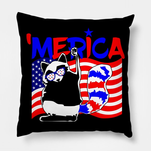 4th of July 'Merica Funny Raccoon Pillow by Mandz11