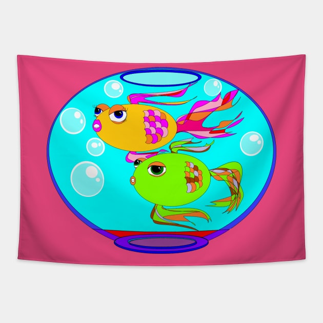 A Fishbowl with Two Fish Swimming Tapestry by YudyisJudy