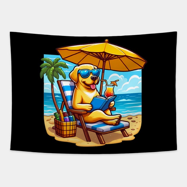 Funny Labrador Retriever with Sunglasses at the Beach Tapestry by CreativeSparkzz