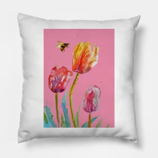 Tulip Flower Watercolor Painting and Bee on Pink Pillow