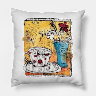 Time for a cuppa - monoprint with watercolors and collage Pillow