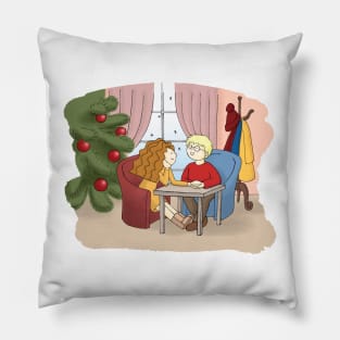 New Year Happy Couple in love in a cafe Pillow