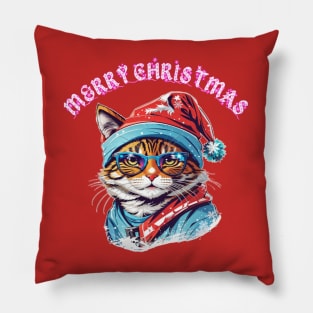 cute cat waring Christmas hat and sunglasses Pillow