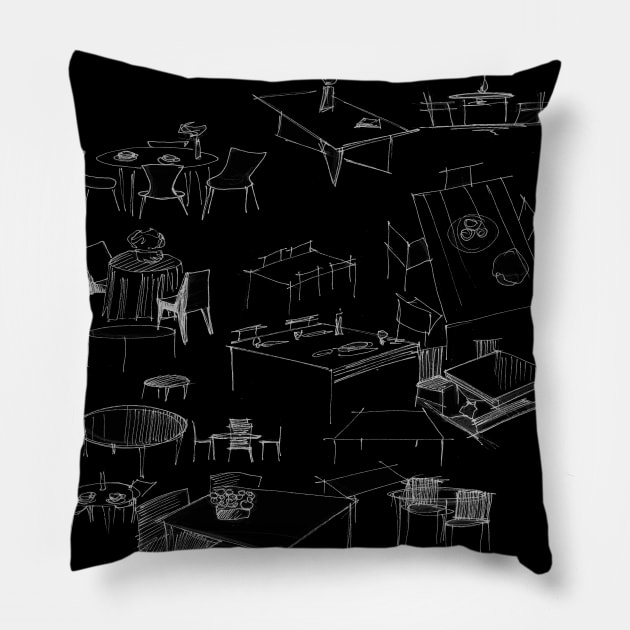 just chairs and tables interior sketch Pillow by jorge_lebeau