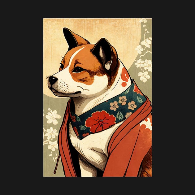 Brown and White dog with red robe - Japanese style by KoolArtDistrict