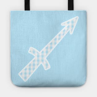 Sagittarius Zodiac Horoscope Symbol in Pastel Blue and White Gingham Pattern Tote