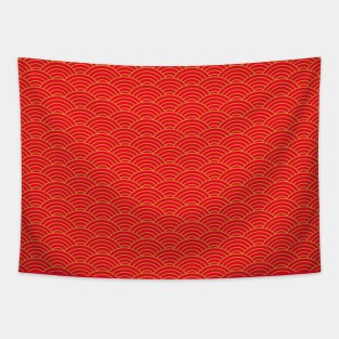 Japanese Seigaiha Gold and Red Pattern Tapestry