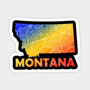 Colorful mandala art map of Montana with text in blue, yellow, and red Magnet