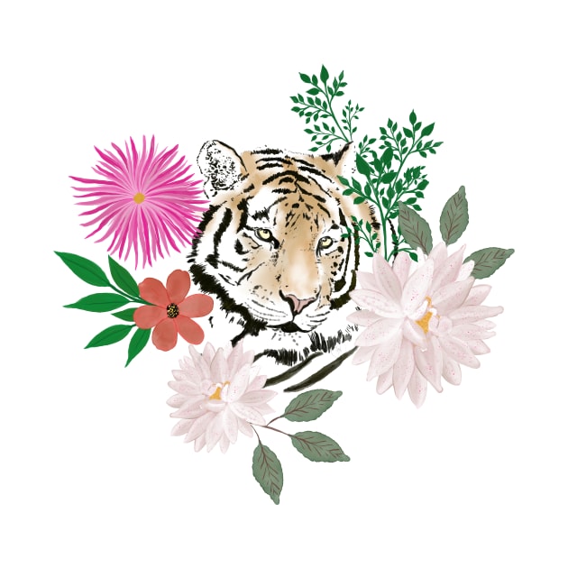 Pretty White Pink Tiger Floral Painting by NdesignTrend