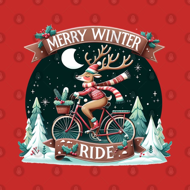 Merry Winter Ride - Christmas reindeer on a bicycle by PrintSoulDesigns