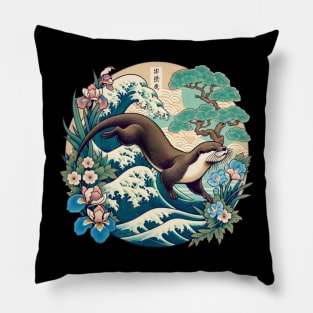 Aquatic Animal Vintage Ocean Wave Art Floral Japanese Otter Pillow