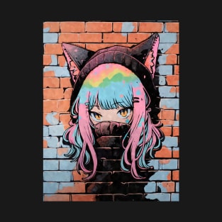 Kawaii Aesthetic Colorful Nekomimi Anime Cat Girl Graffiti Art Style T-Shirt