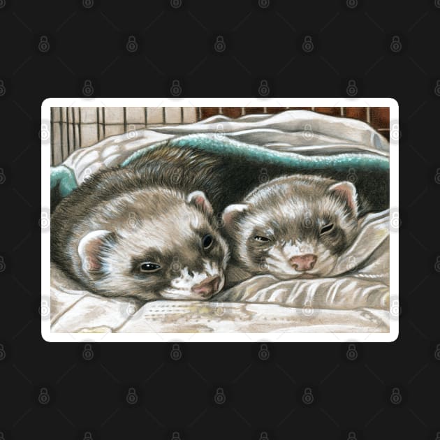 Napping Ferret Buddies - White Outlined Version by Nat Ewert Art