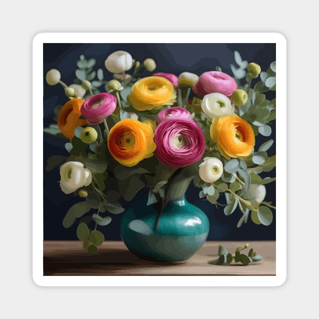 Ranunculus Flowers and Eucalyptus Leaves Still Life Painting in Turquoise Vase Magnet by bragova