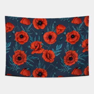 Poppies, red and blue on navy Tapestry