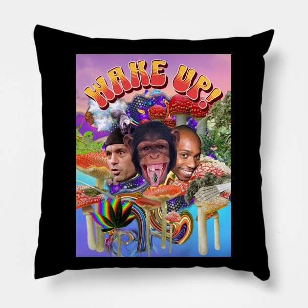 Joe Rogan n Dave Chappelle Alpha Chimp Mushroom Collage Art Pillow by TeeTrendz