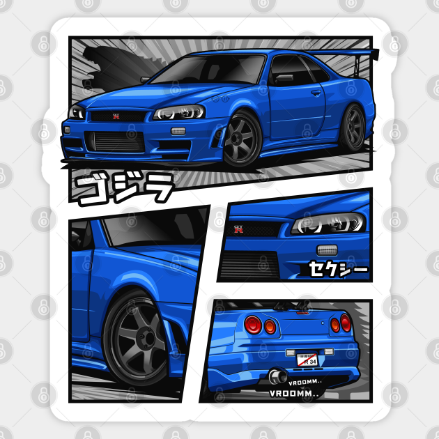 Gtr R 34 Manga Series Blue Skyline Gtr R34 Manga Lovers Sticker Teepublic