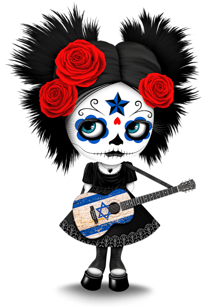 Sugar Skull Girl Playing Israeli Flag Guitar Kids T-Shirt by jeffbartels