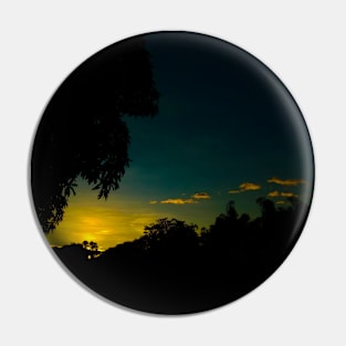 Orange Sunset, Dark Blue Skies and Trees Silhouette Pin