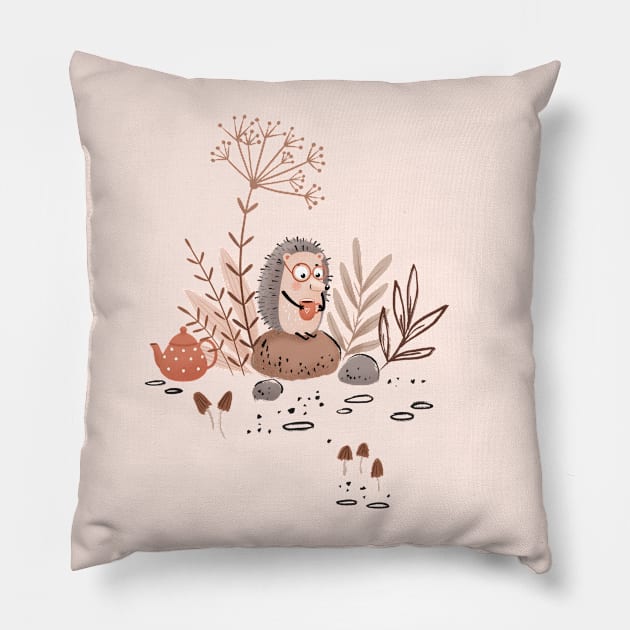 Cute Hedgehog drinking tea Pillow by Elena Amo