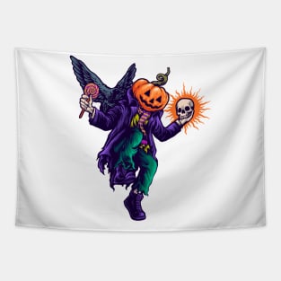 Halloween pumpkin head man with skull in hand Tapestry