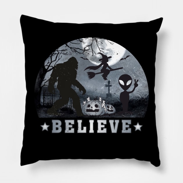 Believe Bigfoot, Aliens Witches Funny Halloween Pillow by FloraLi